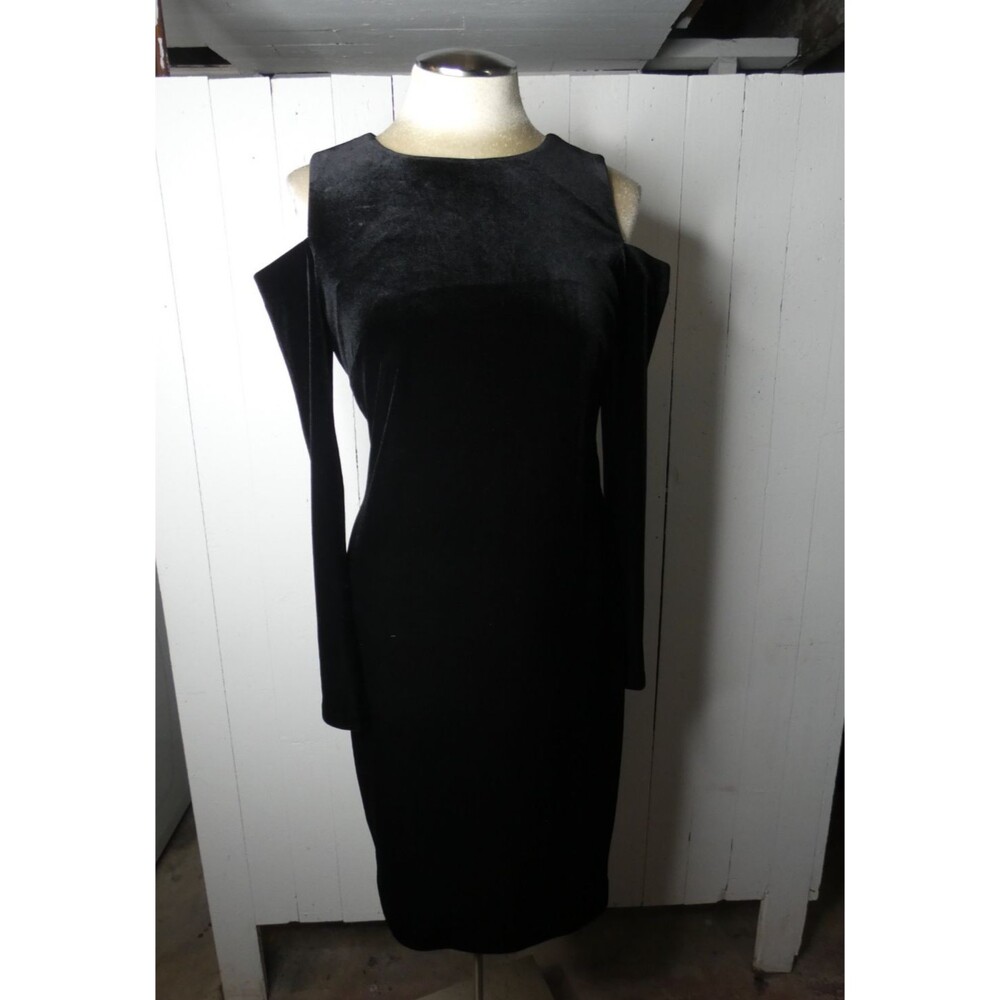 Calvin Klein Women's 10 Black Velvet Cold Shoulder Shift Dress Stretch Midi